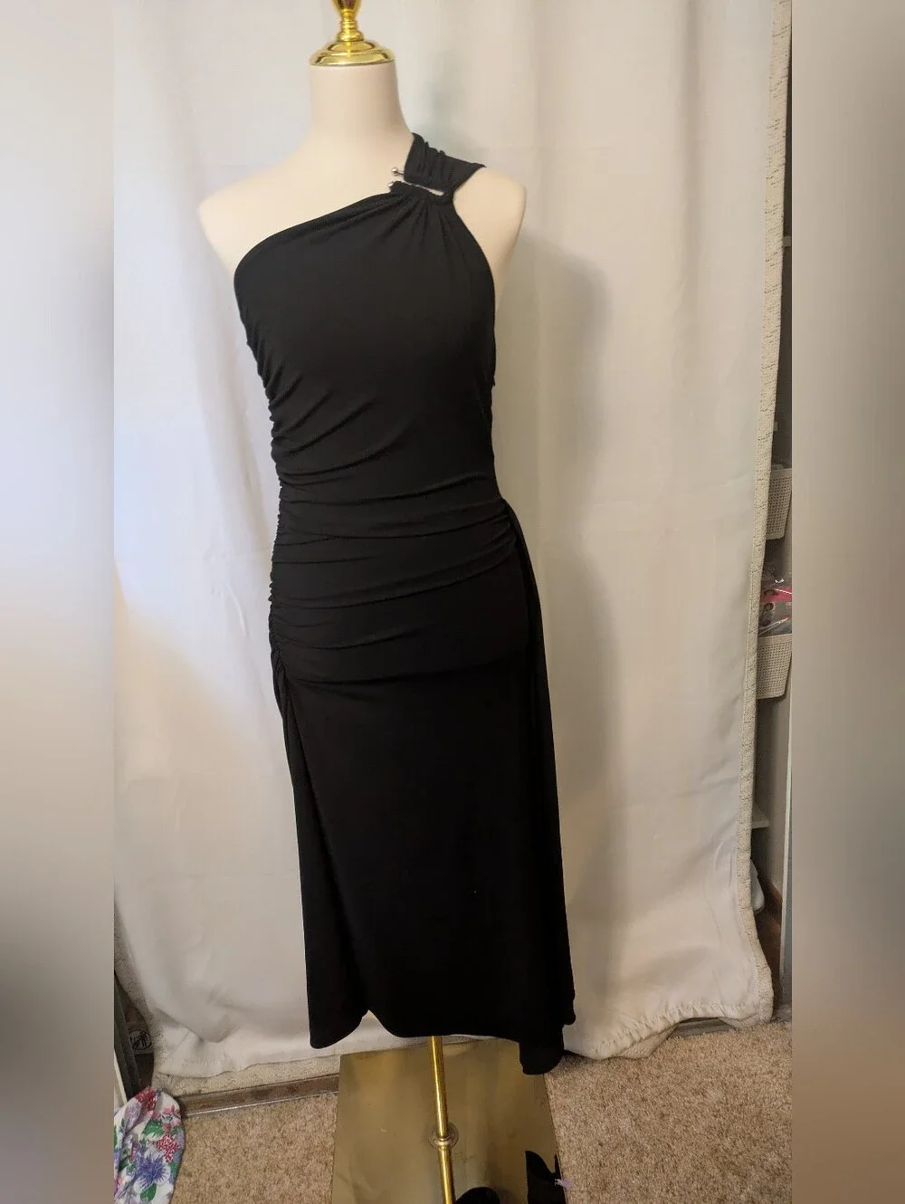 Michael Kors One-Shoulder Black Ruched Gown with Shoulder Hardware